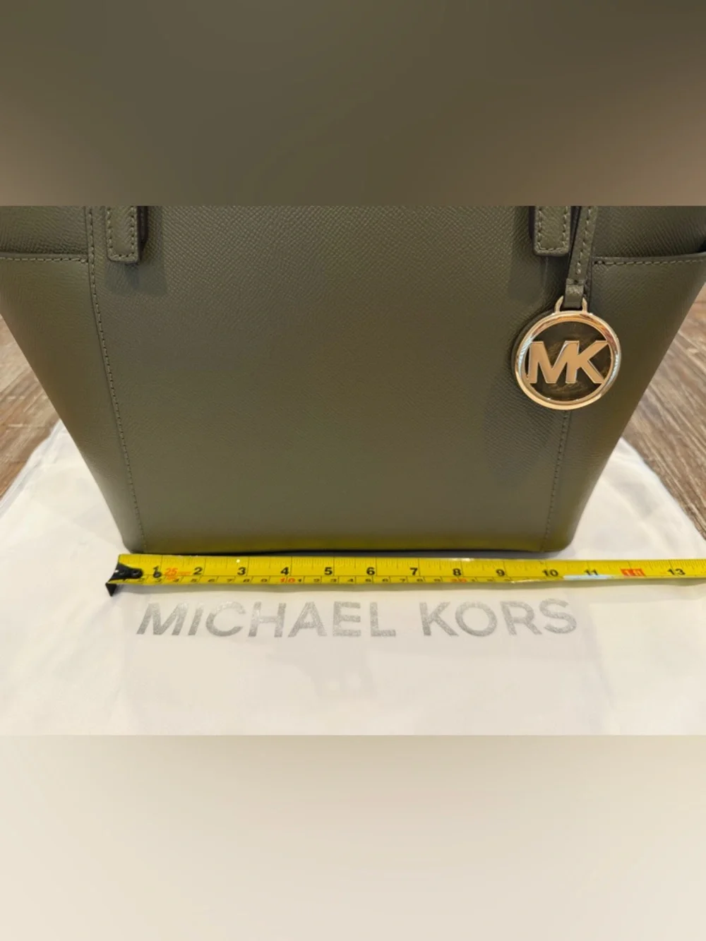 Michael Kors Dark Olive Saffiano Leather Tote with Gold Logo Charm - Picture 13 of 16
